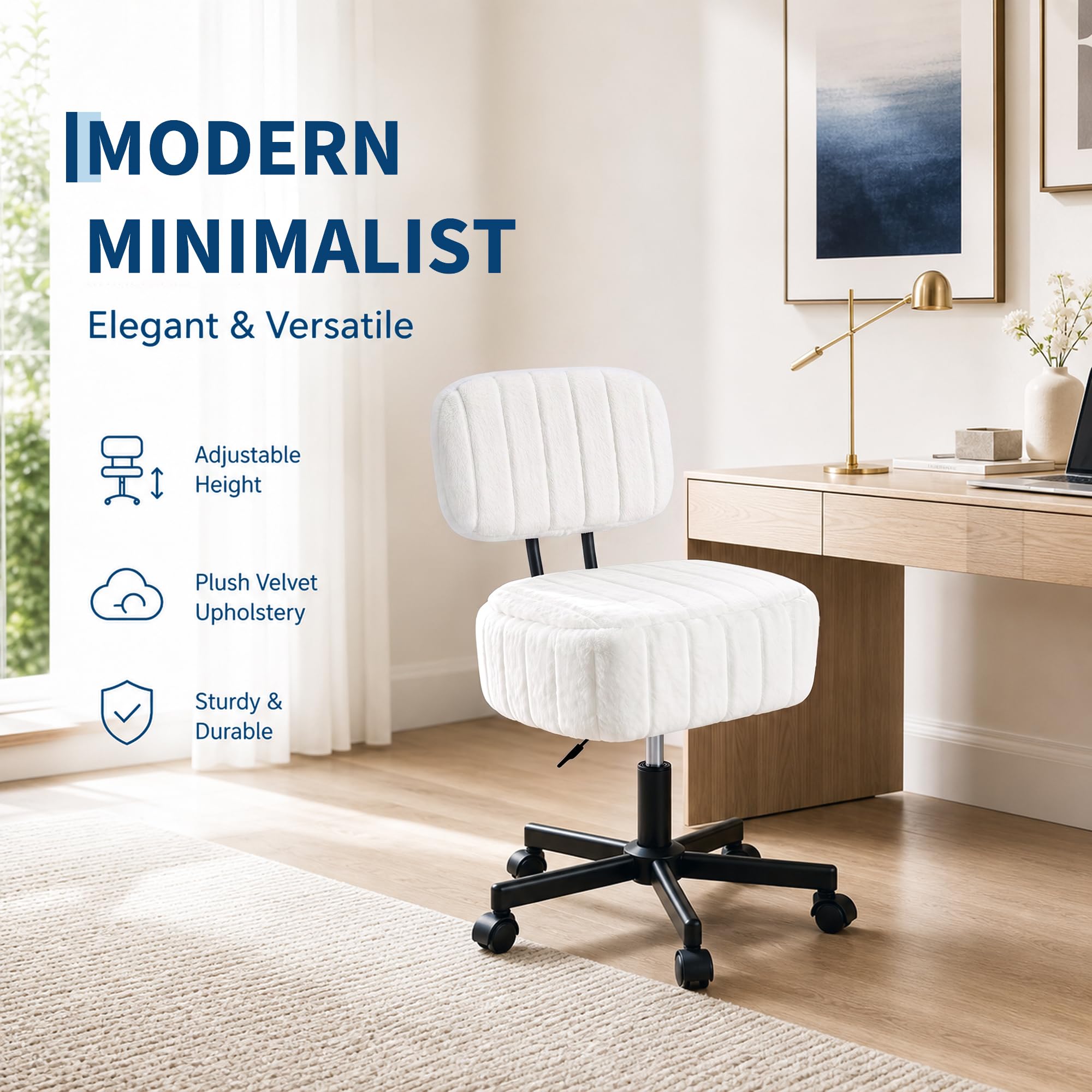 Office Stool - เก้าอี้แต่งหน้าพร้อมที่เก็บของ, เก้าอี้แต่งหน้าบุขนกระต่ายเทียมมีล้อ, เก้าอี้แต่งหน้าแบบหมุนได้ปรับระดับได้สำหรับโต๊ะเครื่องแป้งในห้องนอนหรือหอพัก