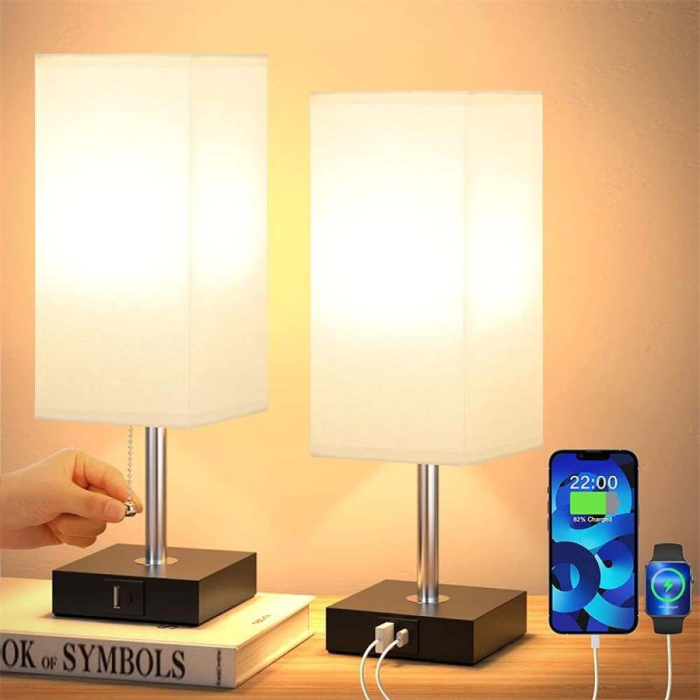 Desk Lamp - โคมไฟตั้งโต๊ะผ้าทันสมัย ปรับความสว่างด้วยระบบสัมผัส โคมไฟข้างเตียง ชาร์จ USB โคมไฟกลางคืนสไตล์มินิมอล