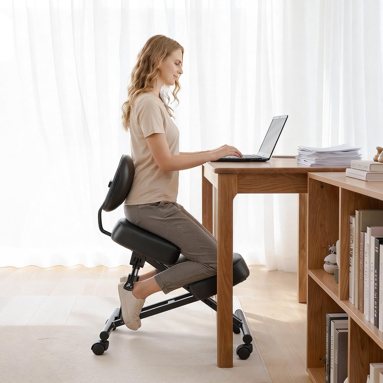 Office Chair Cushion - เก้าอี้สำหรับนั่งคุกเข่าแบบปรับระดับความสูงได้ พร้อมพนักพิงและล้อ รองรับสรีระรูปตัว X บุด้วยโฟมหนา เหมาะสำหรับใช้ในบ้าน
