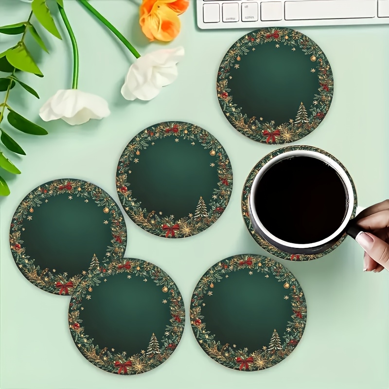 Office Furniture Brands - ชุดจานรองแก้วไม้ลายต้นสนหิมะสีเขียวสไตล์เรโทร 2 มิติ ขนาด 4 นิ้ว