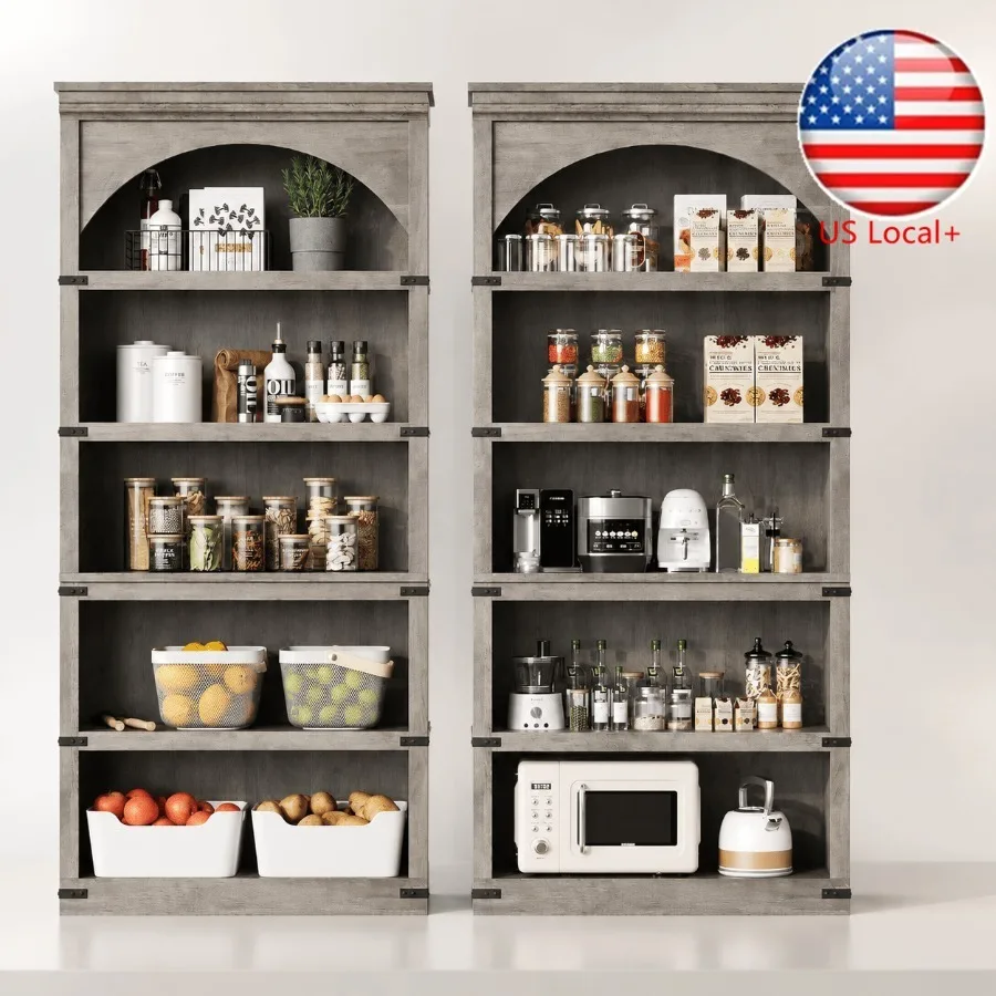 Bookshelf - 68.7 ตู้หนังสือทรงโค้งสไตล์ฟาร์มเฮาส์สูง 5 ชั้น ตู้หนังสือไม้สไตล์วินเทจ ตู้เก็บของทรงโค้งสไตล์รัสติกสำหรับห้องนั่งเล่น